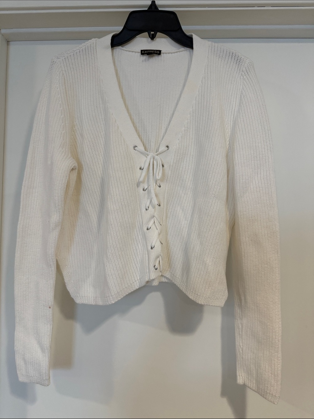Express Cream Lace-Up V-Neck Knit Top